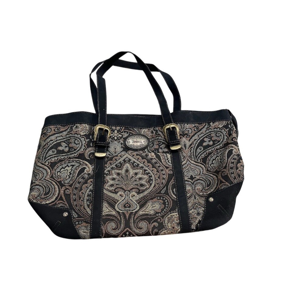 Reba Tote Bag Womens Large Brown Black Paisley Zip Closure Buckle Straps